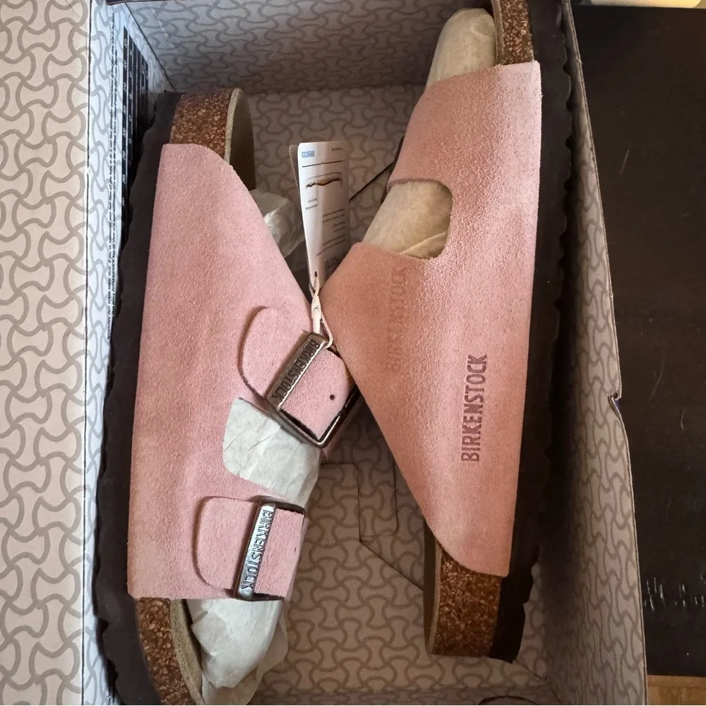 Birkenstock Arizona Leather/Suede Slide Sandals in Candy Pink